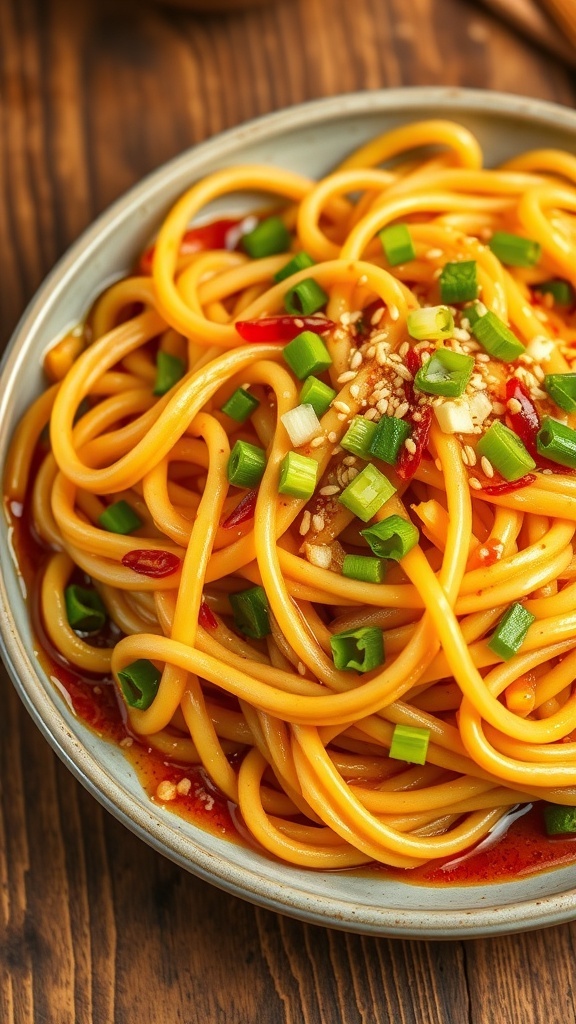 A plate of spicy garlic noodles garnished with green onions and sesame seeds on a wooden table.